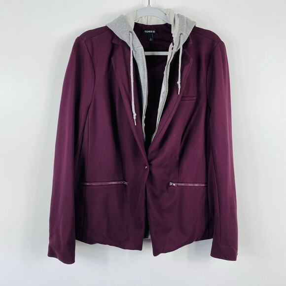 Torrid Jacket 1X Knit Hood Blazer Style Layered Look Red Gray - Picture 3 of 11